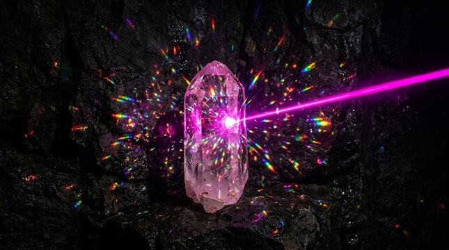 Luminous quartz crystal with pink laser beam, glowing mineral stone in dark cave, mystical prism refraction with rainbow light flares