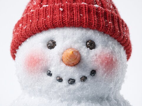 Cute Snowman in Snow on White Background Wearing Red Santa Hat and Scarf, Winter Christmas Holiday Decoration for Xmas and New Year Celebration, Festive Seasonal Concept