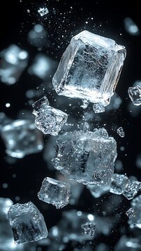 Glistening ice cubes and sparkling water particles float suspended against a dark, out of focus background