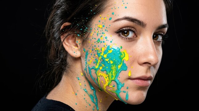 Young woman with world map paint on face expressing environmental concern