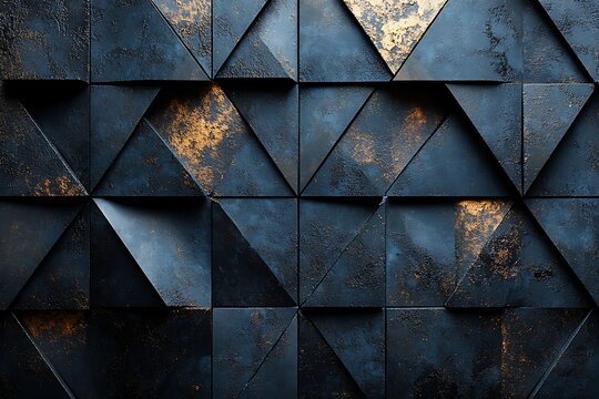 Intricate dark geometric pattern composed of three dimensional triangles with textured golden highlights