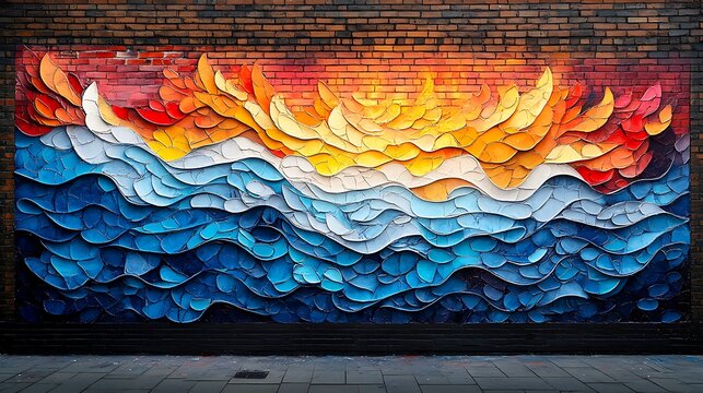 Intricate layered mural shows fiery orange flames above cool blue waves on a dark brick wall