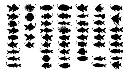Obraz premium ropical Aquarium Fish Silhouettes Set with Bubbles Vector Collection for Underwater Graphic Designs