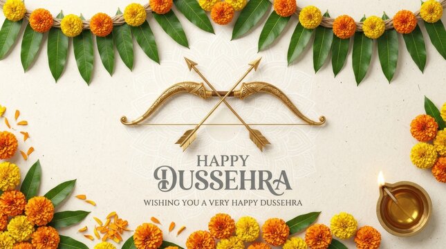 Happy dussehra celebration background with traditional bow arrow marigold flowers and glowing oil lamp diya