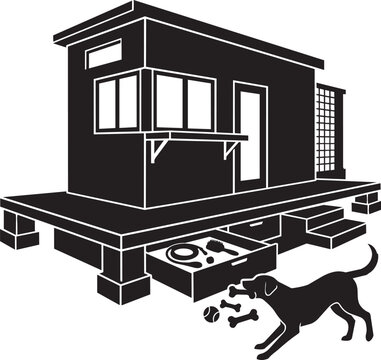 Tiny house split level raised floor with pull out drawer storage for pet toys and dog pulling toy vector silhouette