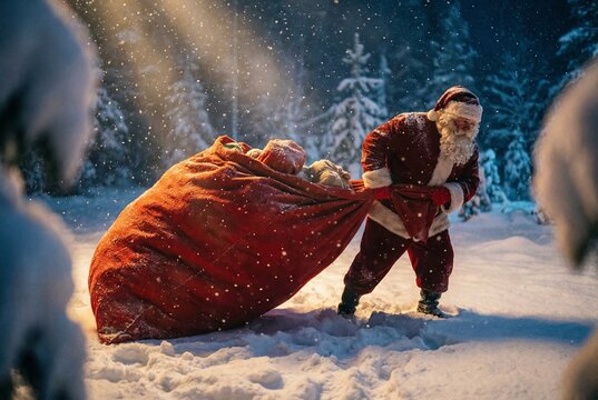 Santa Claus dragging a massive bag of gifts through winter snow