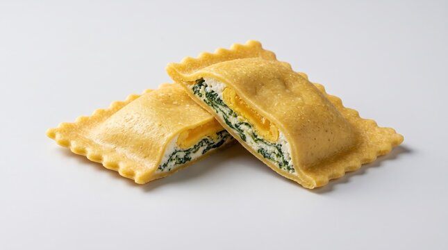 Spinach ravioli cutout showing filling for food packaging and recipe design with transparent background