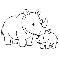 Mother Rhino with Baby Rhinoceros Line Art © Seza
