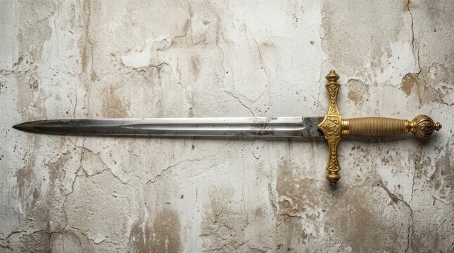 Old metal sword with a gold handle laying flat on a textured gray stone surface for historical fantasy themes