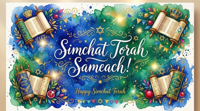 Simchat torah sameach greeting card with watercolor background and holy torah scrolls for jewish holiday