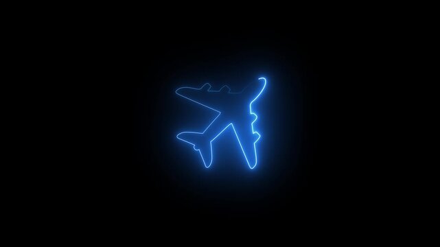 Blue color glow neon plane icon animation. Neon line zet plane fighter reactive pursuit military. A glowing neon outline of an airplane on a transparent background. 4k video