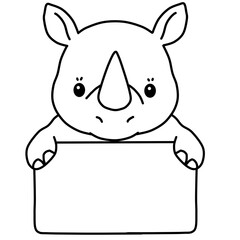 Cute Rhino Holding Blank Banner Board Line Art © Seza
