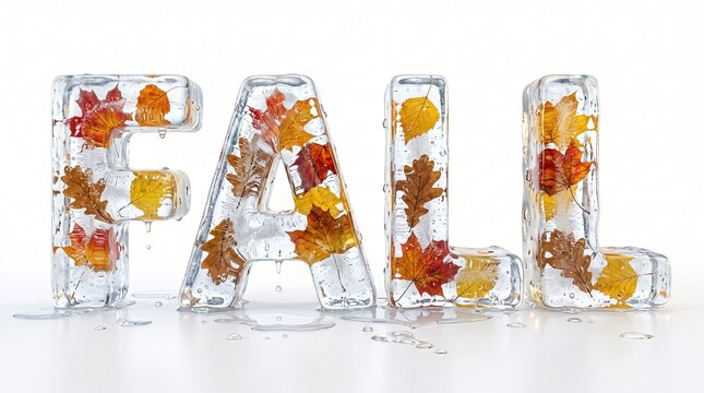 Autumn leaves frozen in ice letters melting with water droplets against a clean white background concept