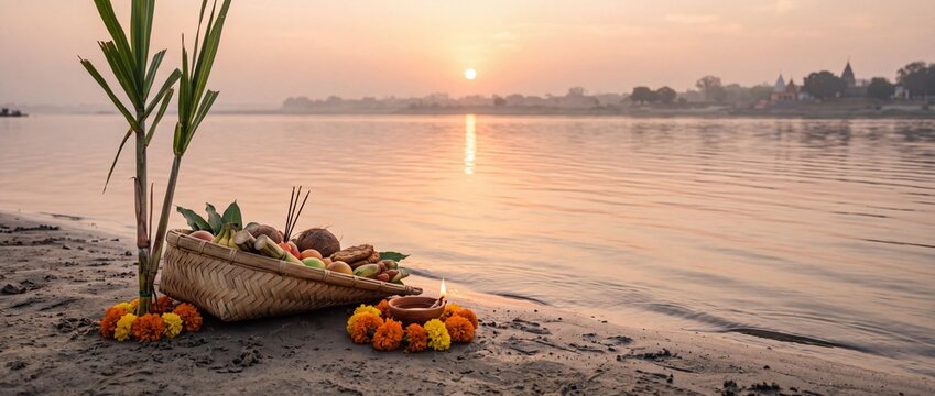 Traditional Chhath Puja offerings in bamboo soop with glowing diya and sugarcane on a serene riverbank at sunrise, minimalist festival panoramic banner with copy space