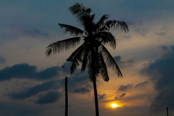 Dramatic tropical sunset over the seaside, with golden sun rays breaking through layers of clouds and illuminating the sky above the calm ocean. The warm evening light creates a striking atmosphere, w © Yuliia