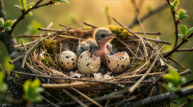 A close-up shot of a newly hatched baby bird inside a rustic twig nest with speckled eggshells, surrounded by green leaves under warm sun rays, symbolizing a concept of birth and new life.