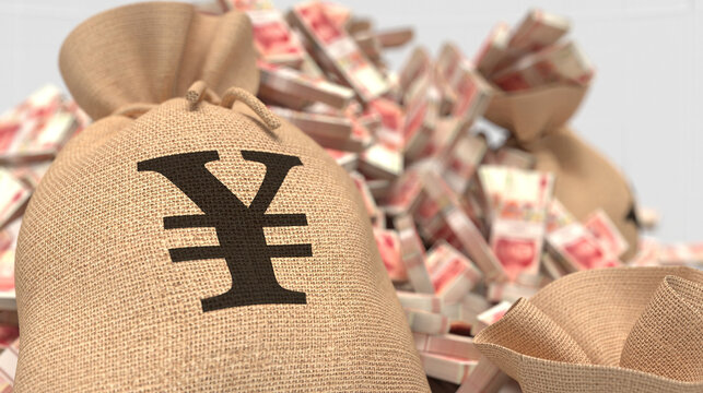 Money bag with yuan symbol overflowing with Chinese currency, representing wealth and prosperity.