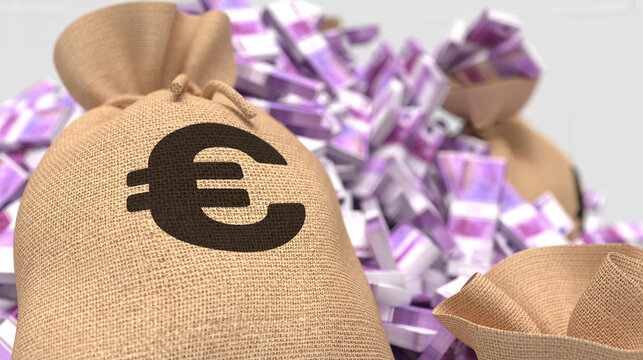 Euro money bag overflowing with cash, symbolizing wealth, finance, and European economy.