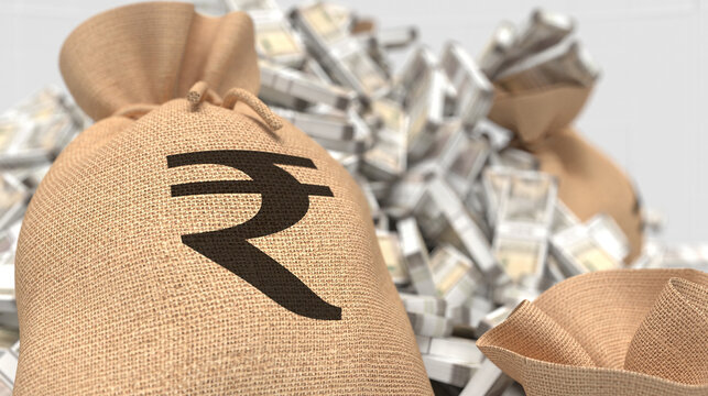 Financial Growth Concept: Indian Rupee Bag and Stacks of Currency