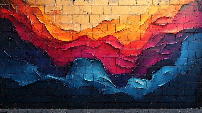 Textured mural painting featuring bold impasto waves in fiery and cool color gradients on a brick wall