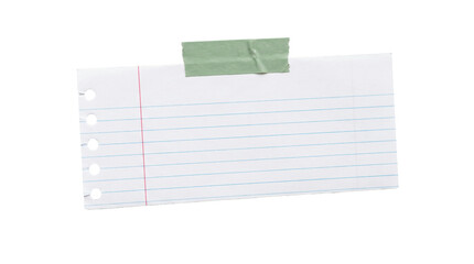 White lined paper strip attached with olive green masking tape featuring jagged edges on transparent background © we.bond.png