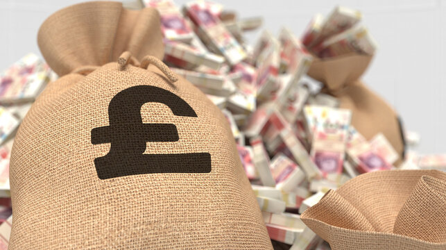 British Pound sterling money bag overflowing with cash, symbolizing financial success.
