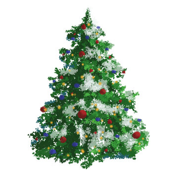 Snow covered christmas fir tree decorated with red and blue bauble ornaments
