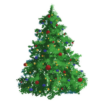 Decorated christmas fir tree with colorful bauble ornaments and lights