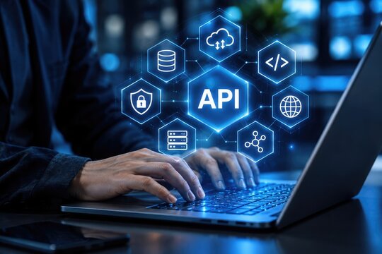 Hands typing on laptop with glowing api interface and digital network connections