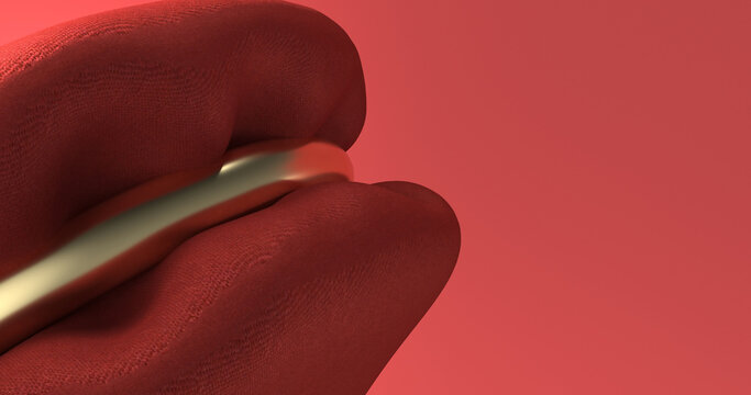 Abstract 3D Render of Golden Metallic Bar Nestled in Red Textured Fabric Shapes