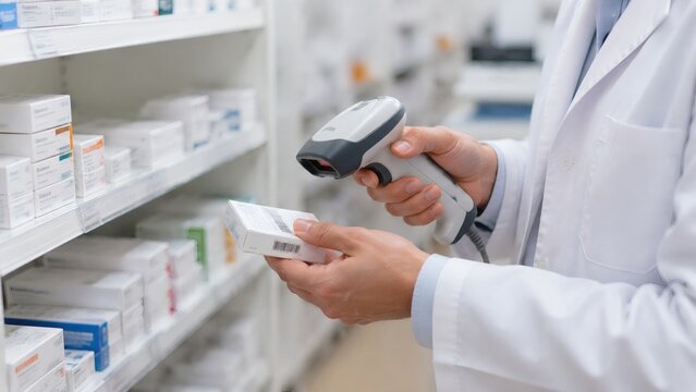Pharmacist scanning a medicine package with a handheld barcode reader in a pharmacy, illustrating inventory control, medication distribution, retail technology and healthcare supply management.