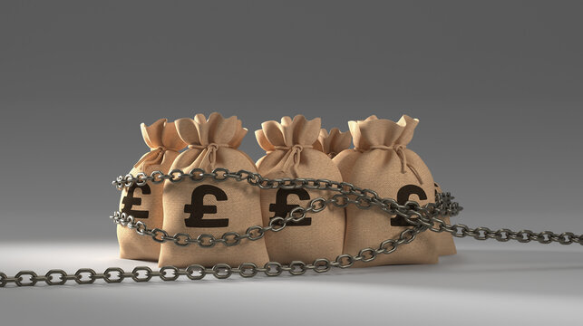 British Pound money bags bound by chains, depicting financial restriction and economic burden.