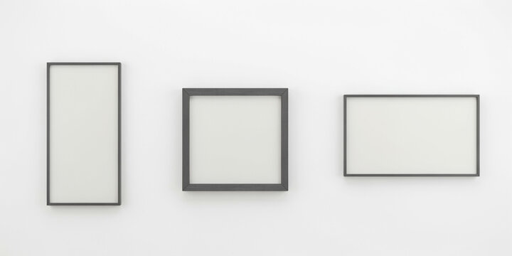 Three empty rectangular frames with dark gray borders on a plain white background