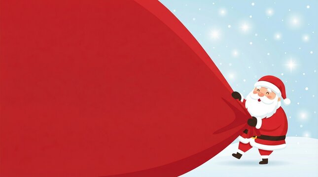 Santa Claus opening large red present sack with background copy space in winter landscape