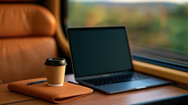 Executive travel workspace setup on train with laptop, coffee cup, folio and pen
