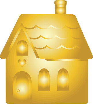 Elegant golden cottage with a shimmering roof, glowing arched windows, chimney, and heart detail in a luxurious festive style.