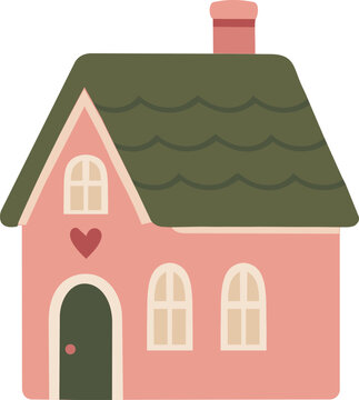 Cute pink cottage with an olive green roof, arched windows, chimney, heart decoration, and cozy minimalist flat vector design.