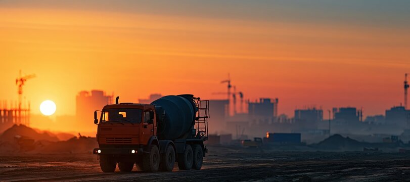 Concrete mixer truck driving through large construction site at sunset