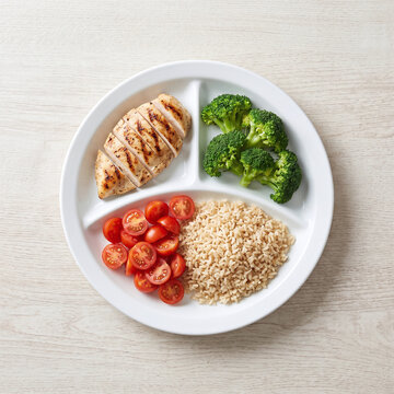 Balanced Nutrition Plate with Grilled Chicken, Broccoli, Brown Rice and Tomatoes Overhead