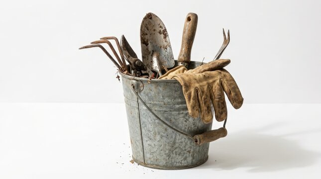 Vintage metal bucket filled with weathered gardening tools and worn leather gloves isolated on a white background for spring landscaping