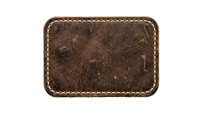 Rectangular piece of aged brown leather featuring rustic white stitching details displayed on transparent background