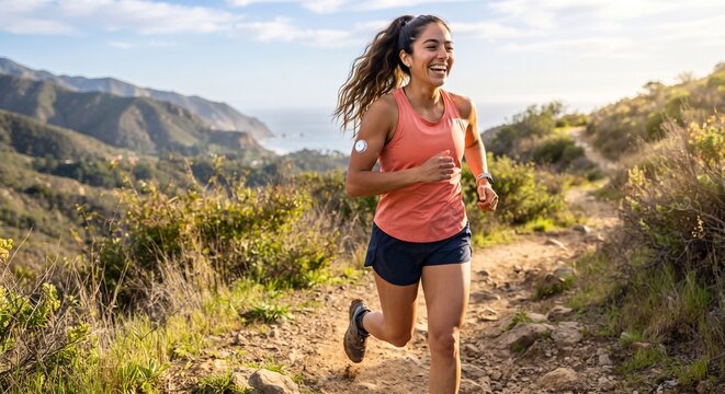 Happy young woman with continuous glucose monitor CGM sensor on her arm running on a mountain trail, diabetes tracking concept