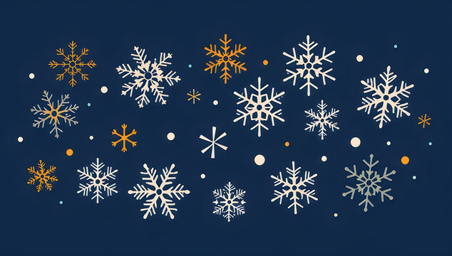 Hand drawn snowflake elements on dark blue background for winter festive branding.