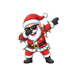 Fototapeta premium Cartoon santa claus wearing sunglasses and doing the dab dance move, wrapped in colorful christmas lights, isolated on a white background, funny holiday