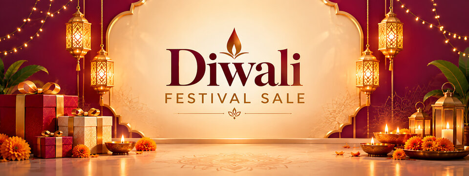 Diwali festival sale background with glowing lanterns and traditional