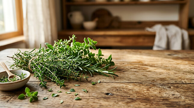 Fresh thyme bunch resting on a rustic wooden kitchen table surface.