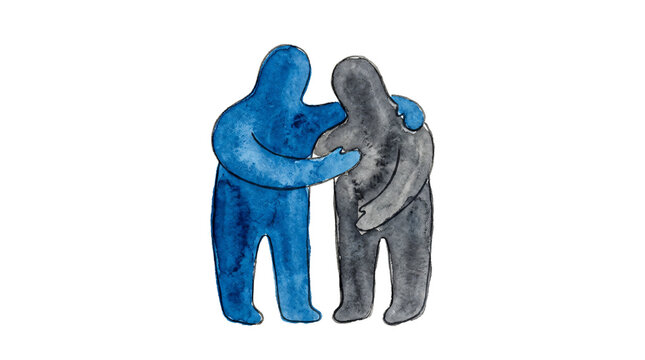 Watercolor blue figure comforting a sad grey person with gentle embrace and kindness on transparent background