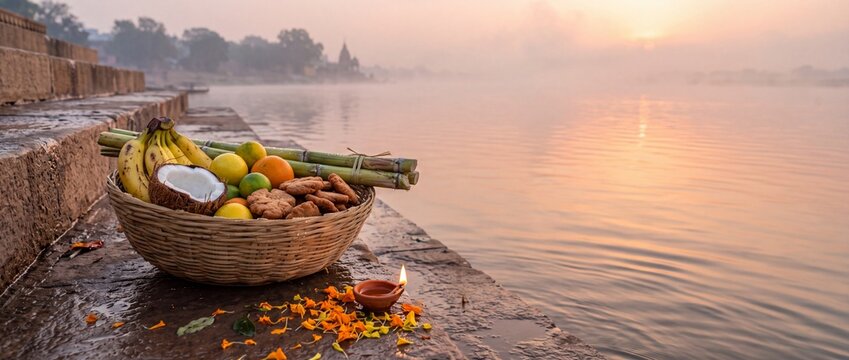 Traditional Chhath Puja bamboo basket with fresh fruits and thekua offerings on wet river ghat steps at sunrise, serene Hindu festival banner with copy space