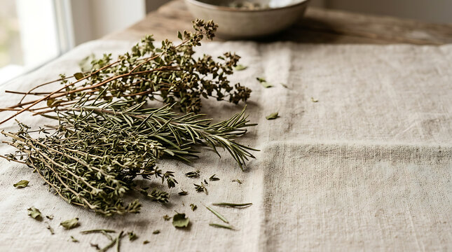 Dried culinary herbs rest on a rustic linen cloth with a bowl visible in the background.