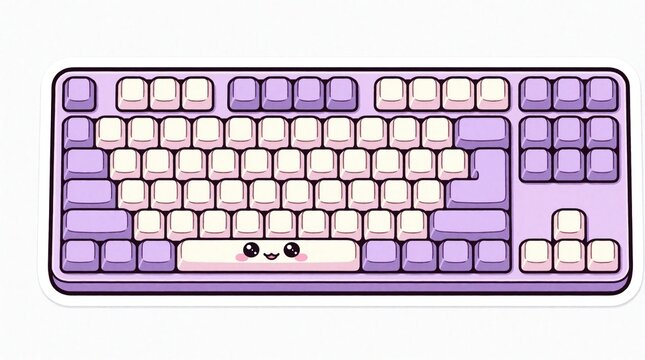 Cute kawaii keyboard with pastel purple and cream keys. Features a smiling spacebar with rosy cheeks. Ideal for digital art, gaming, or tech content creation.